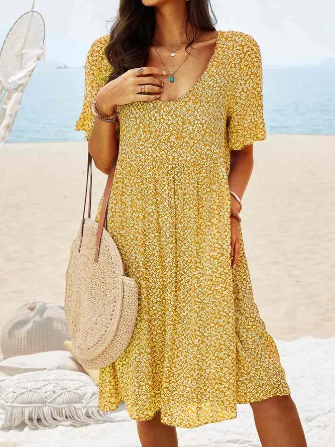Elettra floral a-line midi dress, round neck, flutter sleeves