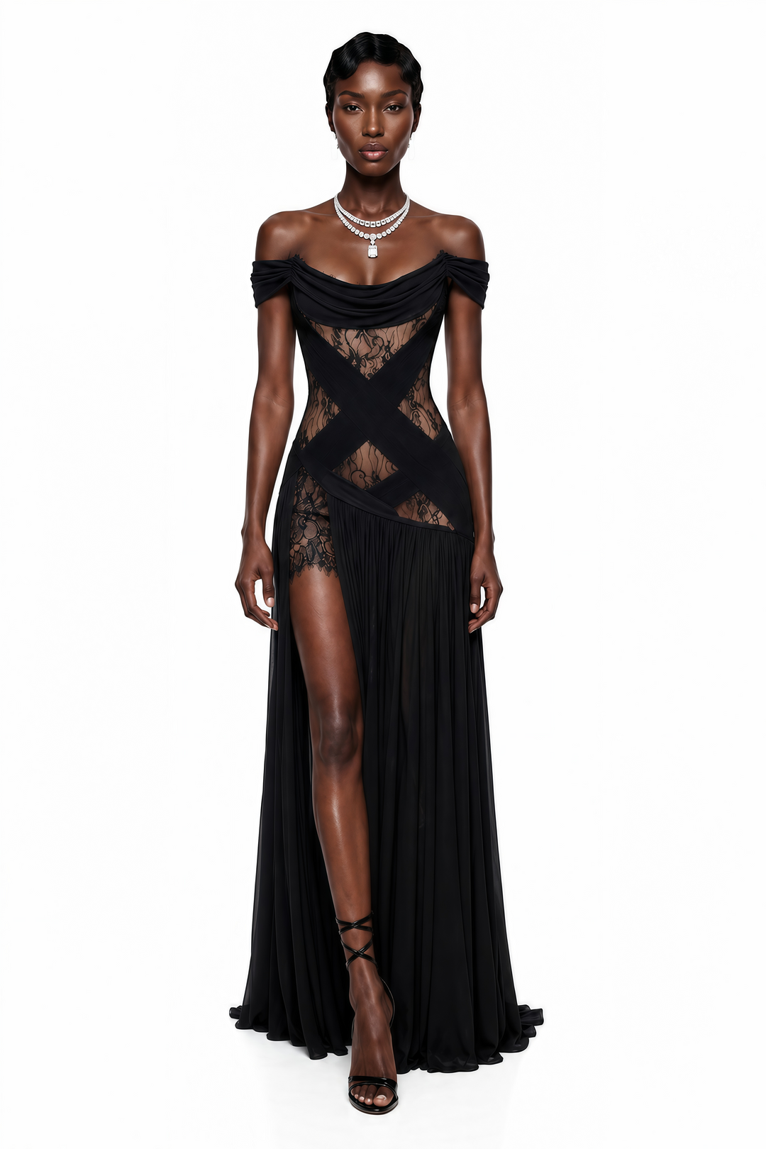 Josephine | Women's Dildar Black Cross Front Maxi Dress with Panels (Final -US Only)