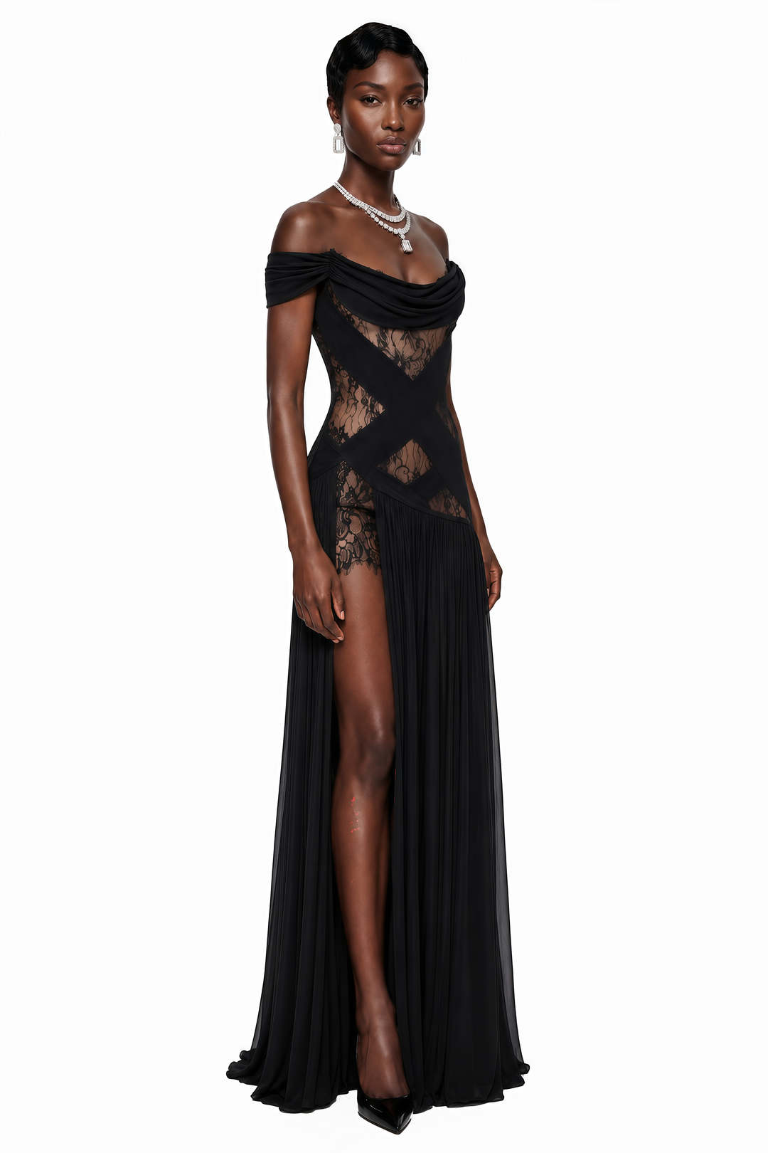 Josephine | Women's Dildar Black Cross Front Maxi Dress with Panels (Final -US Only)