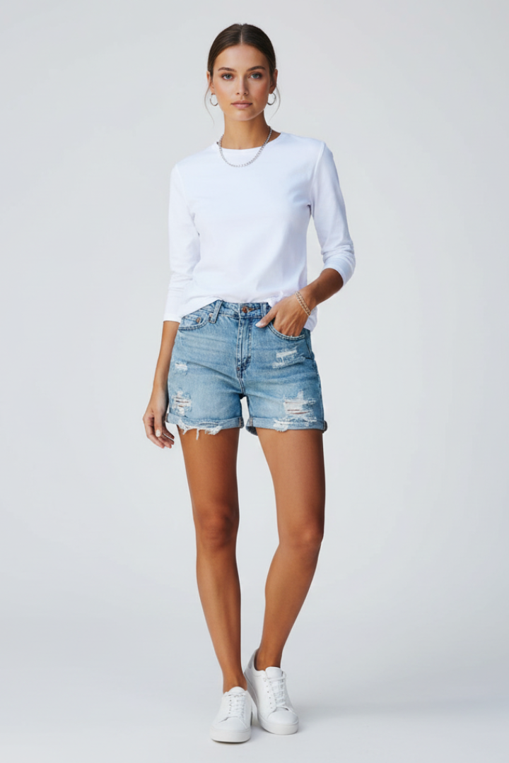 Laurel | Women's Denim Shorts with Distressed Surface and Fringe Hem