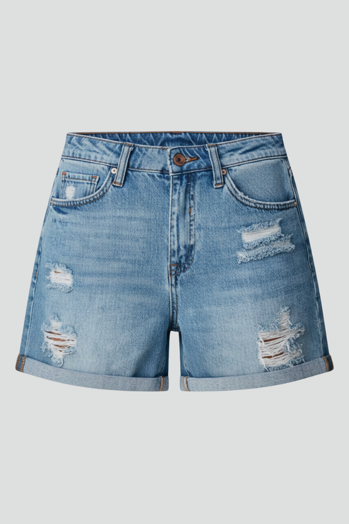 Laurel | Women's Denim Shorts with Distressed Surface and Fringe Hem
