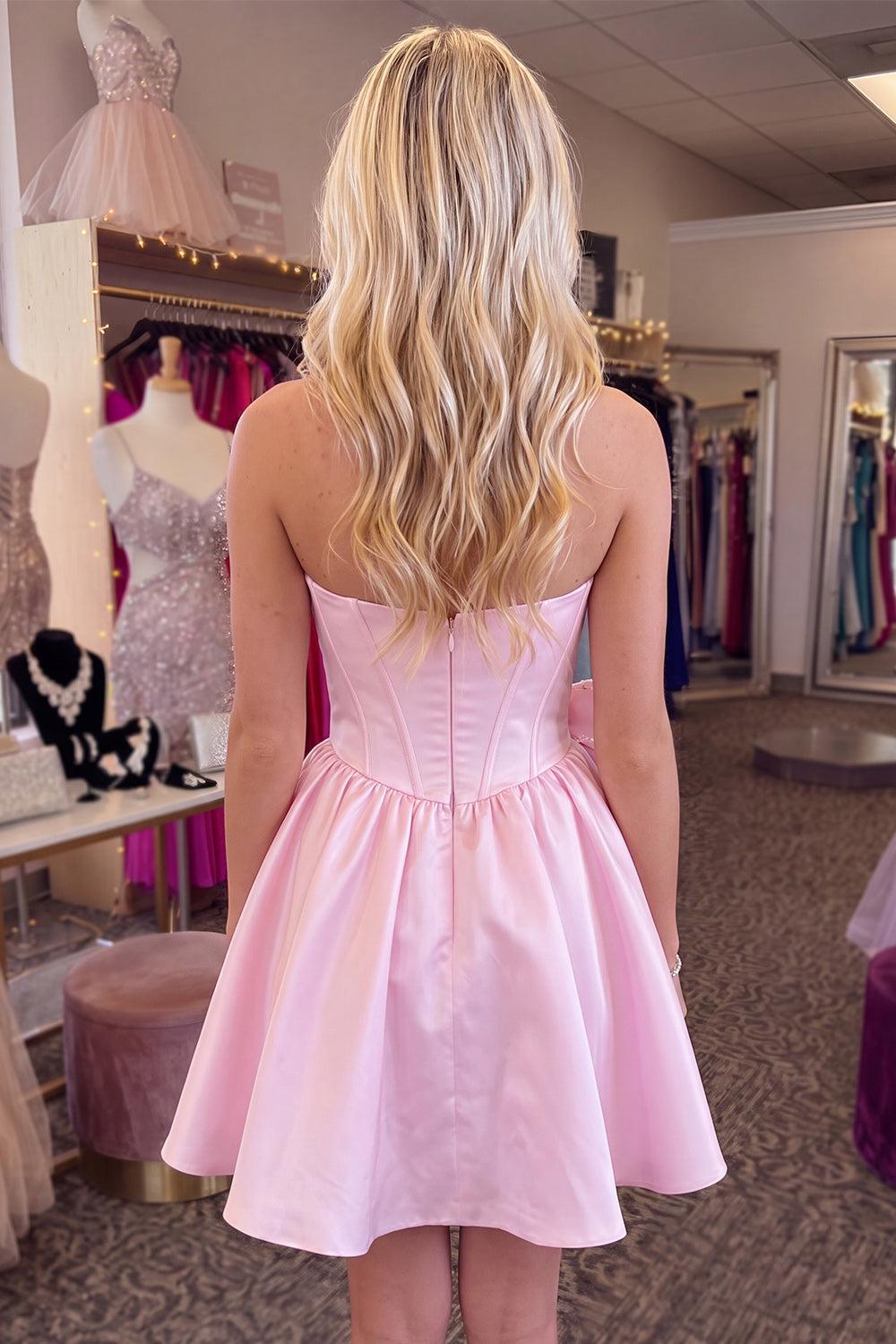 Philippa | Women's Dressystars Pink Beaded Strapless A Line Short Corset Homecoming Dress with Bow