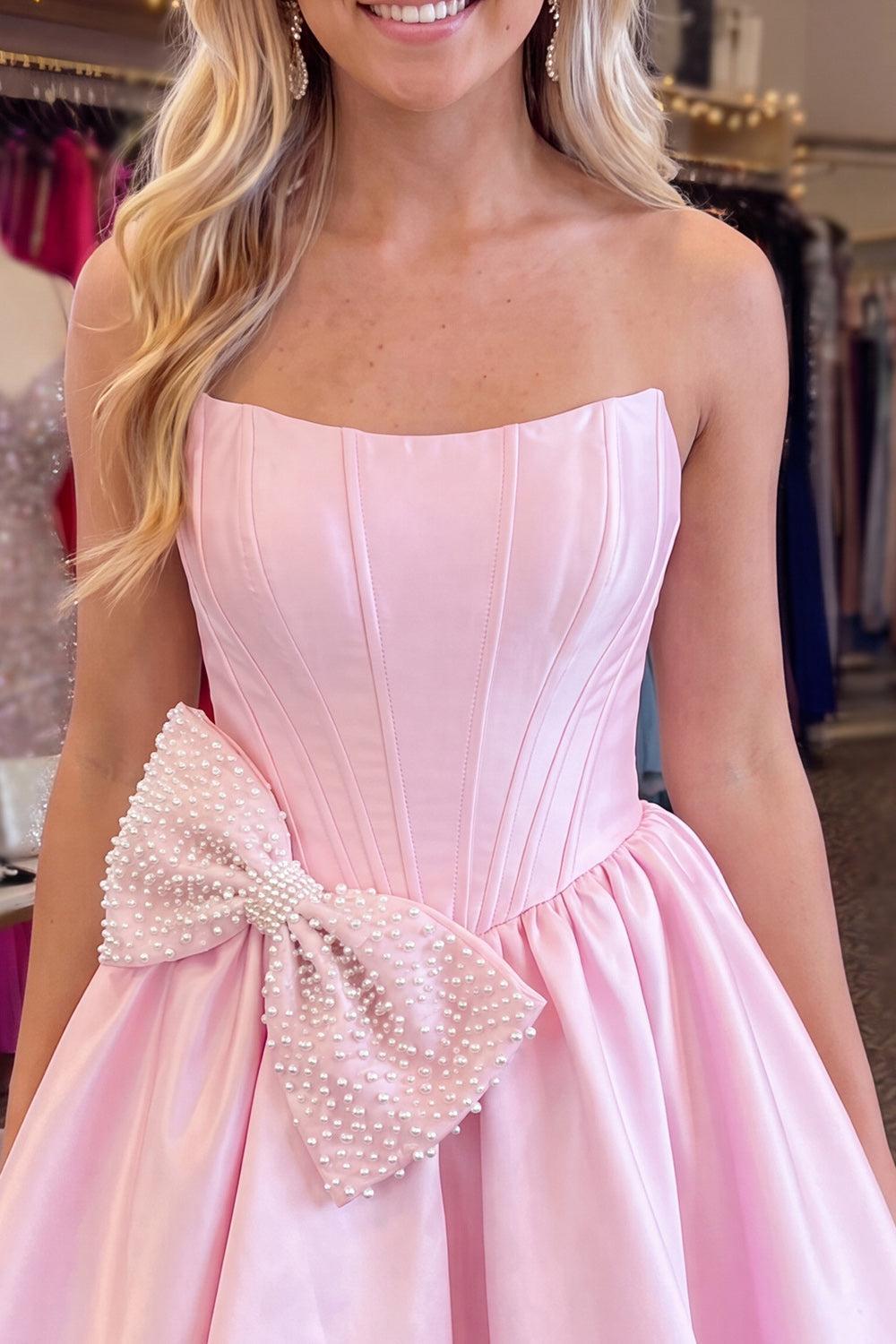 Philippa | Women's Dressystars Pink Beaded Strapless A Line Short Corset Homecoming Dress with Bow