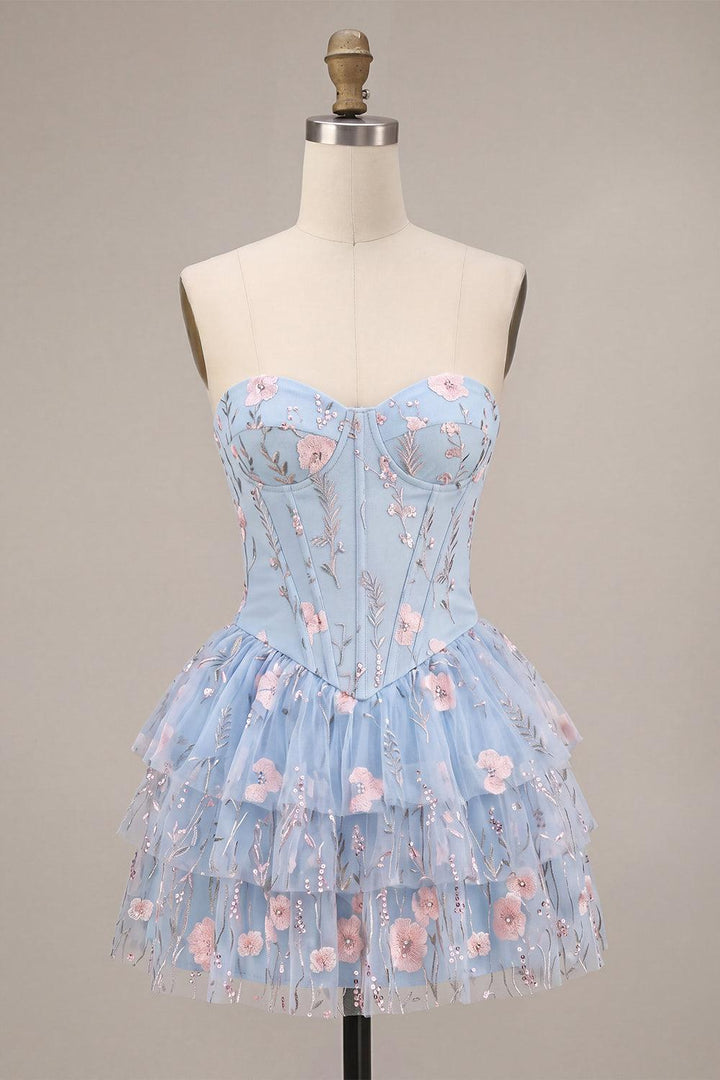 Gwendolyn | Women's Dressystars Ruffled Beaded Light Blue Corset Floral Tiered Short Homecoming Dress