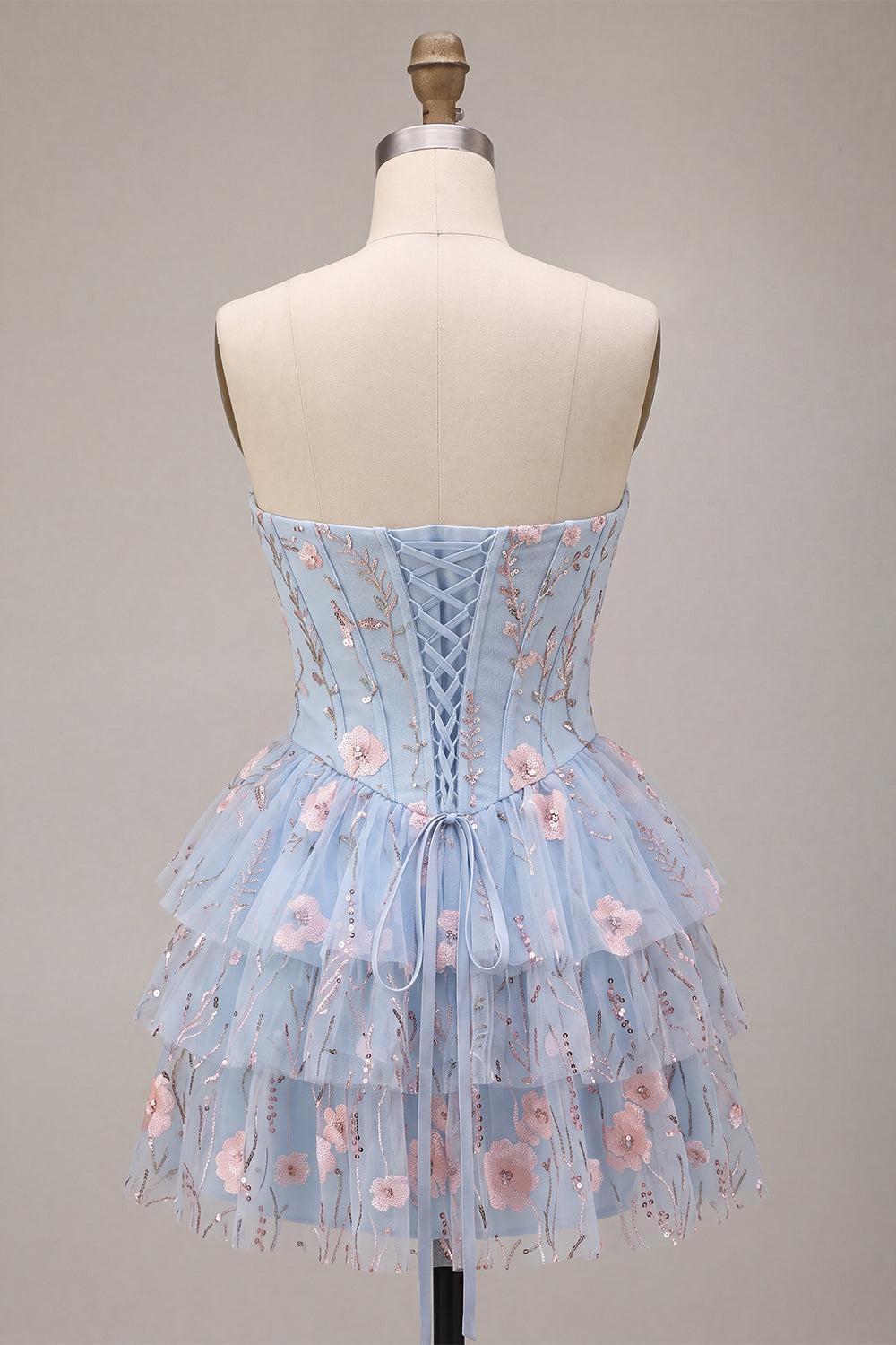 Gwendolyn | Women's Dressystars Ruffled Beaded Light Blue Corset Floral Tiered Short Homecoming Dress