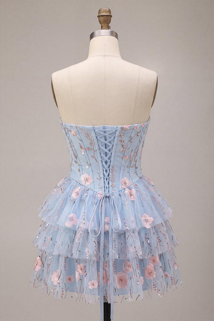 Gwendolyn | Women's Dressystars Ruffled Beaded Light Blue Corset Floral Tiered Short Homecoming Dress