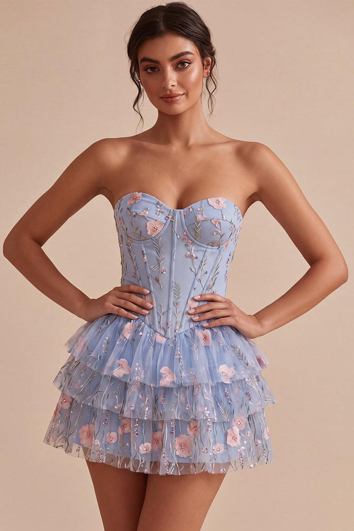 Gwendolyn | Women's Dressystars Ruffled Beaded Light Blue Corset Floral Tiered Short Homecoming Dress