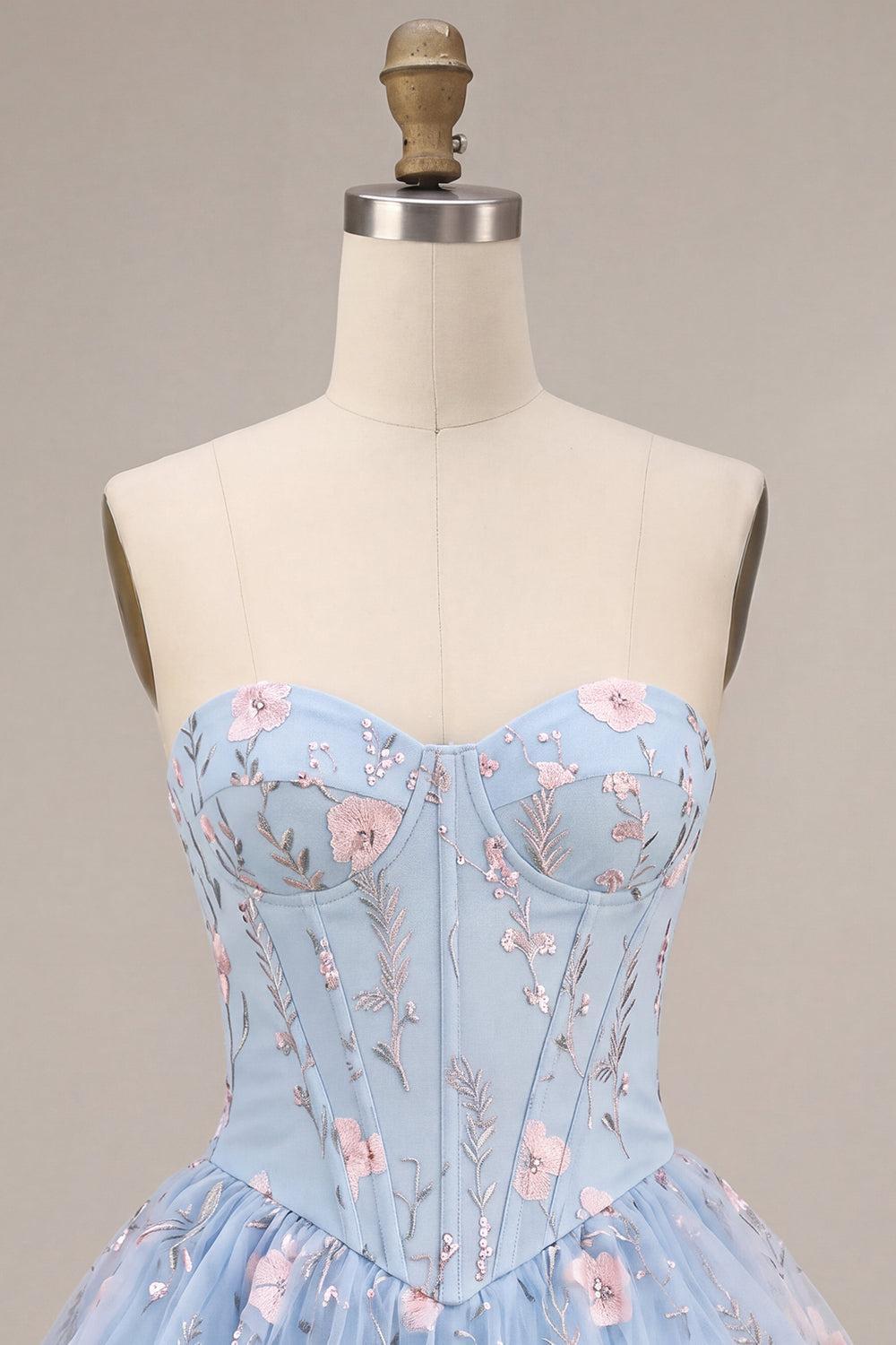 Gwendolyn | Women's Dressystars Ruffled Beaded Light Blue Corset Floral Tiered Short Homecoming Dress