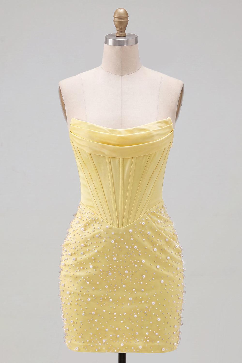 Marlene | Women's Dressystars Yellow Strapless Beaded Tight Short Corset Homecoming Dress