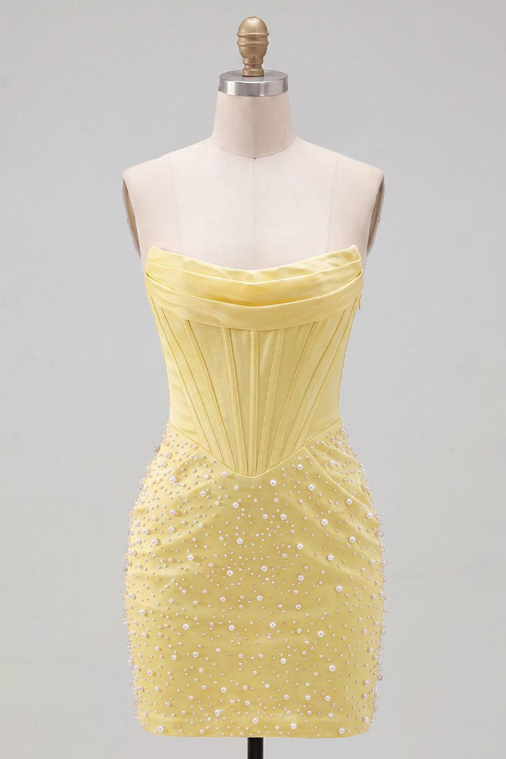 Marlene | Women's Dressystars Yellow Strapless Beaded Tight Short Corset Homecoming Dress