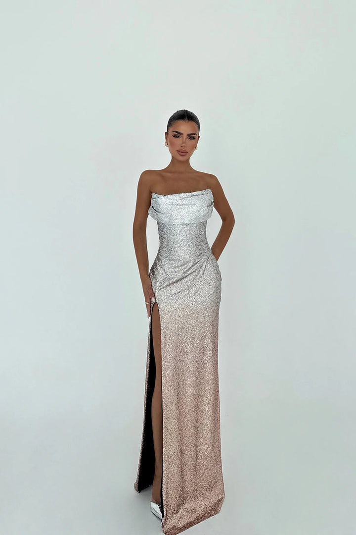 Merewen | Women's Strapless Sequin Maxi Dress with Leg Slit