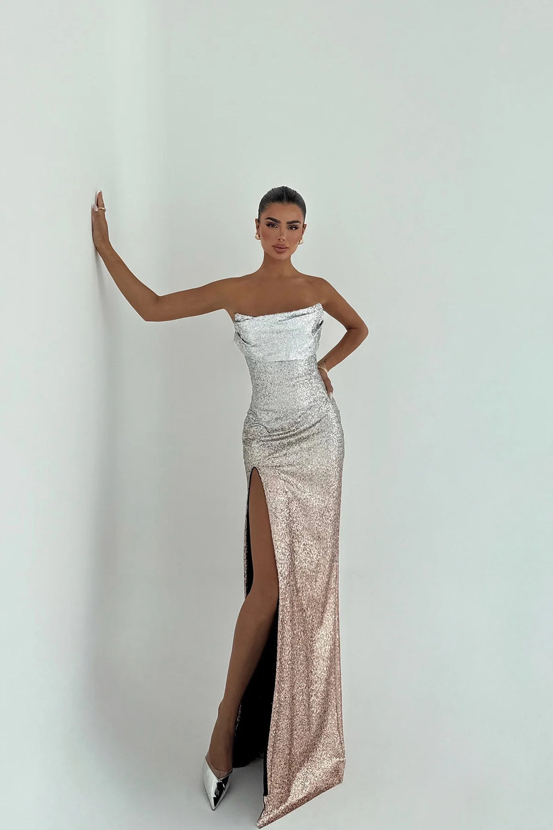 Merewen | Women's Strapless Sequin Maxi Dress with Leg Slit