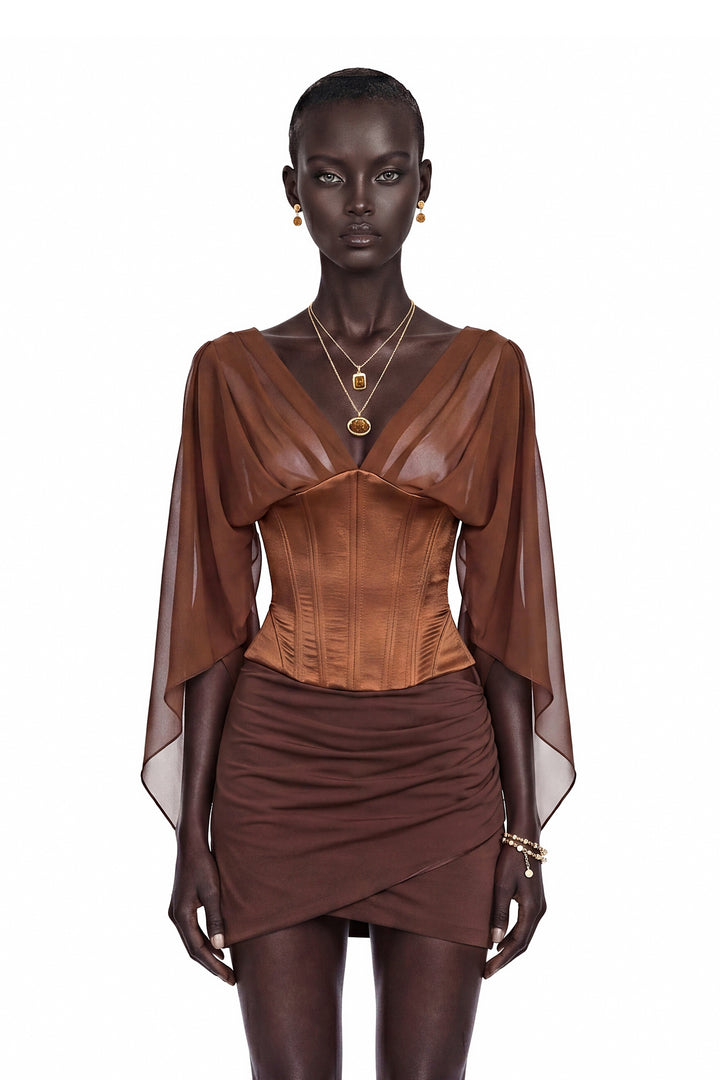 Genevieve | Women's Faustina Chocolate Brown Cape Sleeve Top