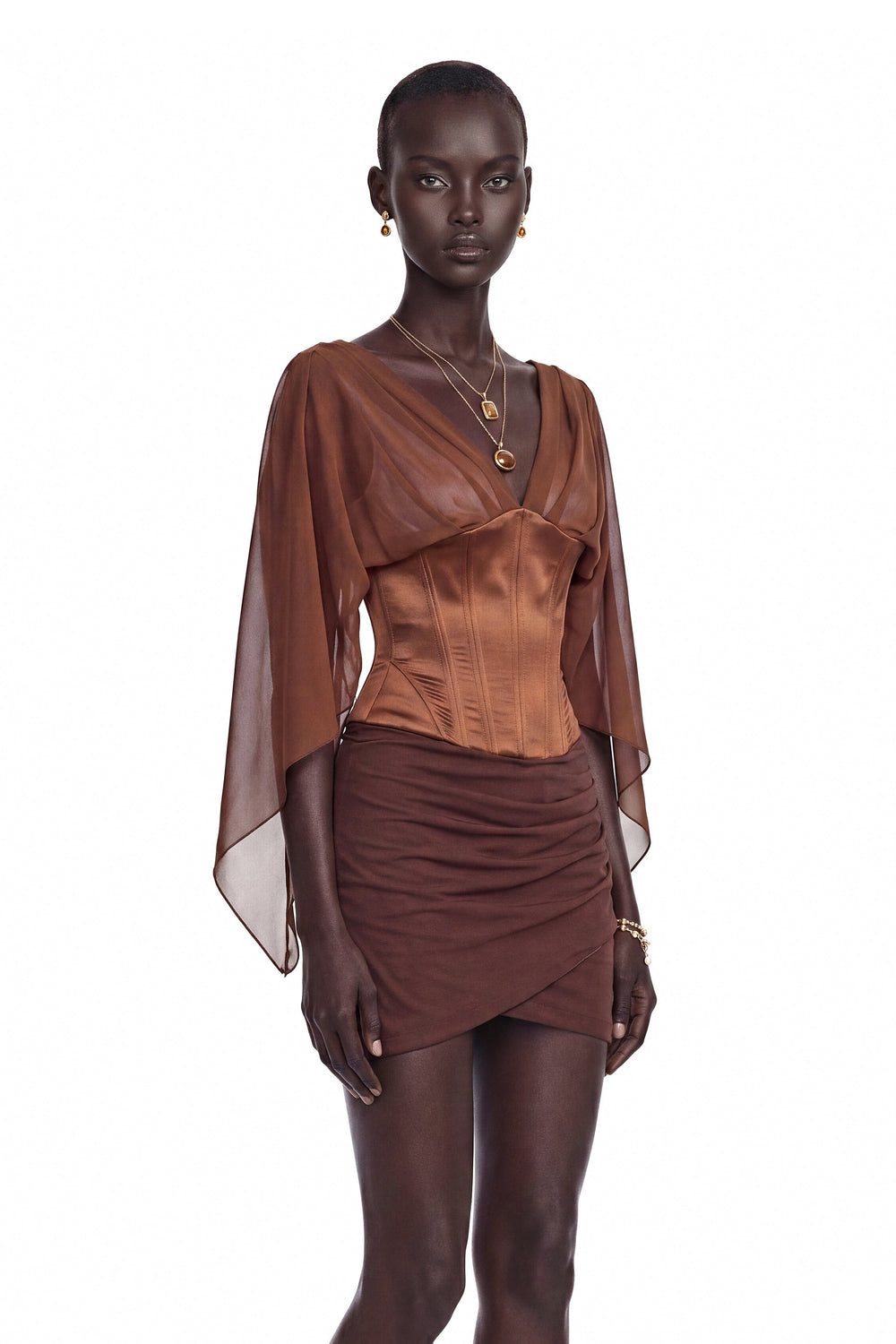 Genevieve | Women's Faustina Chocolate Brown Cape Sleeve Top