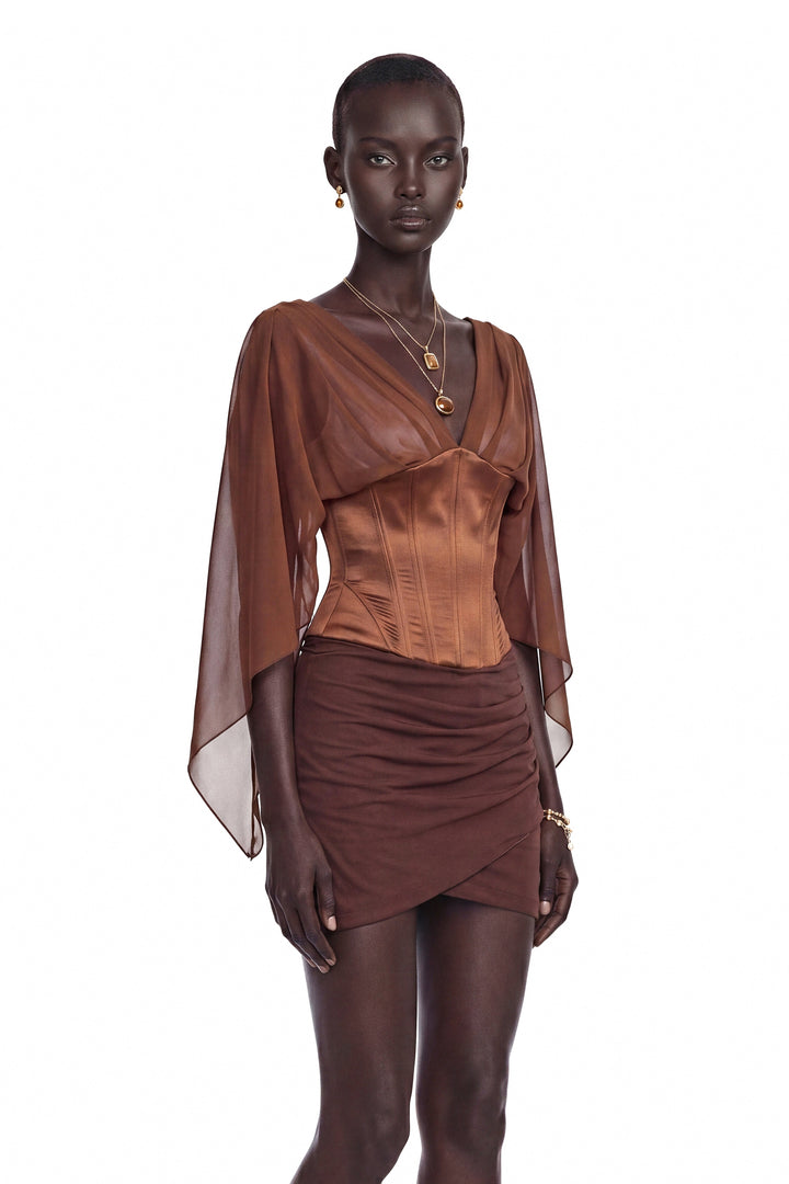 Genevieve | Women's Faustina Chocolate Brown Cape Sleeve Top
