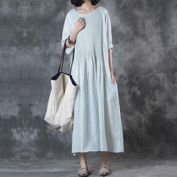 Gisela | Women's Fine Long Linen Dress Loose Fitting Solid Loose Folded Pocket White Dress