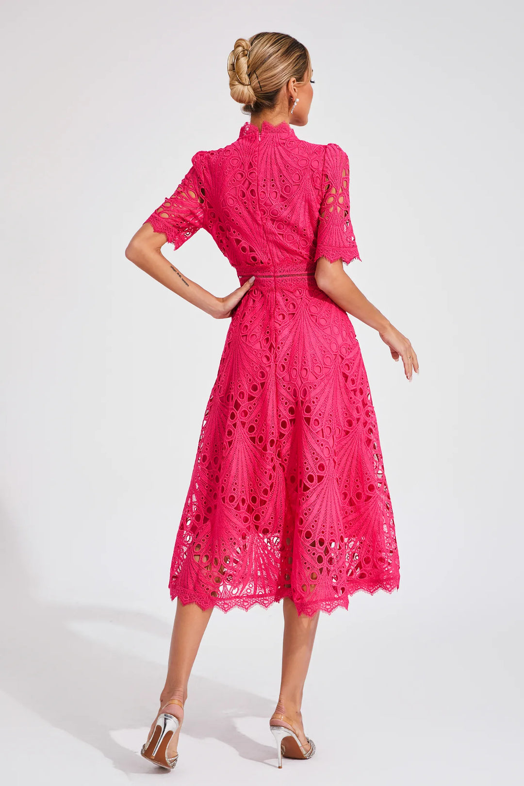 Ermina | Women's Lace Midi Dress with High Neck, Short Sleeves and Flared Skirt - image 8