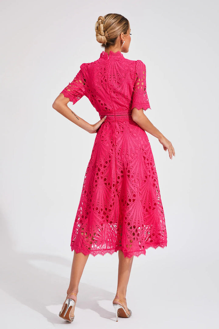 Ermina | Women's Lace Midi Dress with High Neck, Short Sleeves and Flared Skirt - image 8