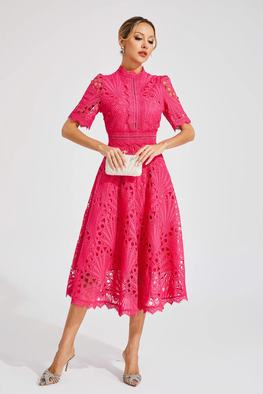 Ermina | Women's Lace Midi Dress with High Neck, Short Sleeves and Flared Skirt - image 6