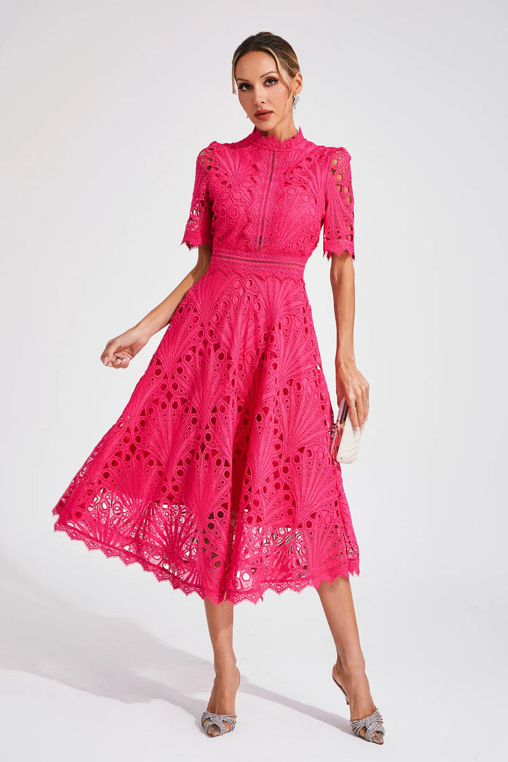 Ermina | Women's Lace Midi Dress with High Neck, Short Sleeves and Flared Skirt - image 3