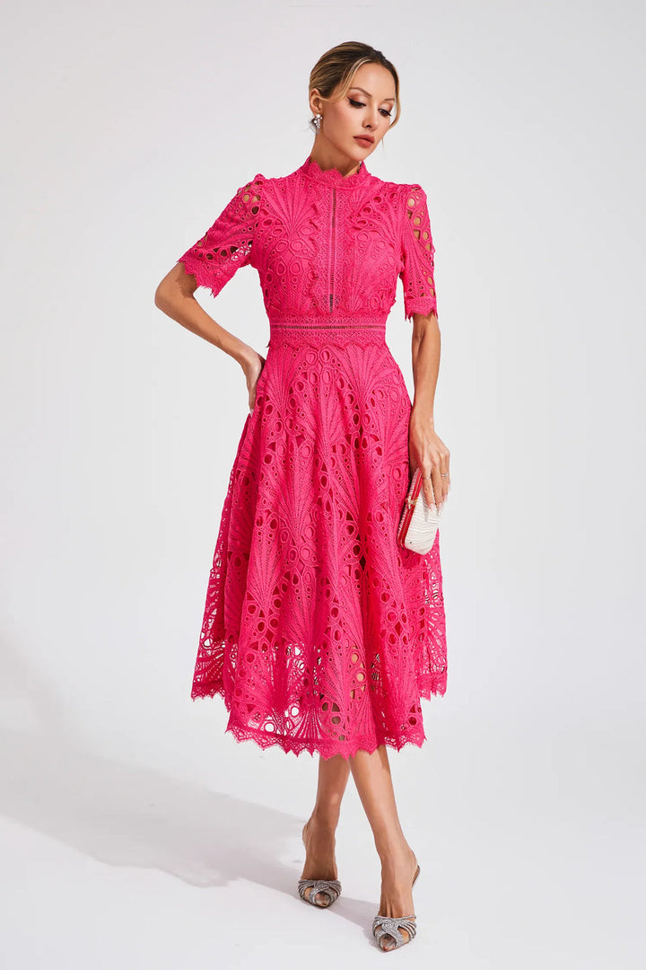 Ermina | Women's Lace Midi Dress with High Neck, Short Sleeves and Flared Skirt - image 4