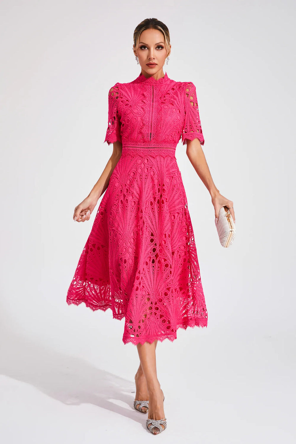 Ermina | Women's Lace Midi Dress with High Neck, Short Sleeves and Flared Skirt - image 2