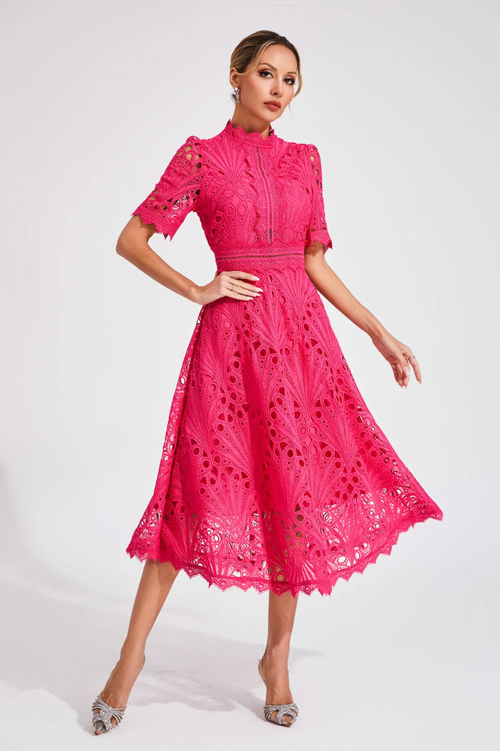 Ermina | Women's Lace Midi Dress with High Neck, Short Sleeves and Flared Skirt - image 5