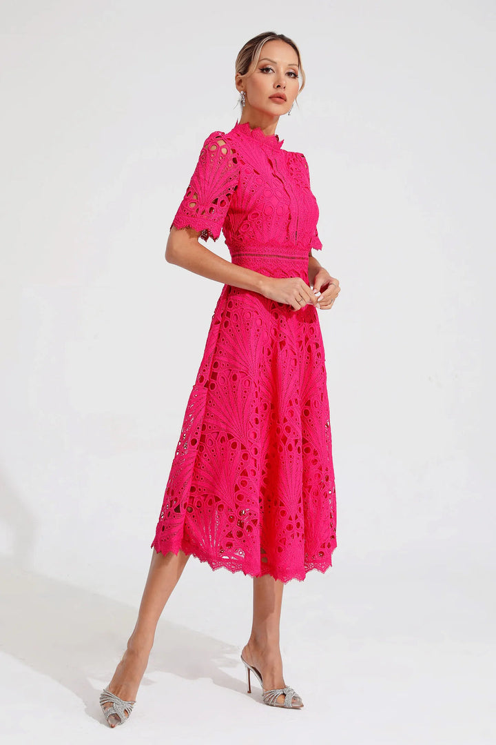Ermina | Women's Lace Midi Dress with High Neck, Short Sleeves and Flared Skirt - image 7