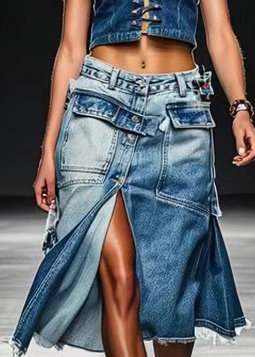 Fabienne | Women's French Blue Button Pockets Front Open Denim Skirt Summer