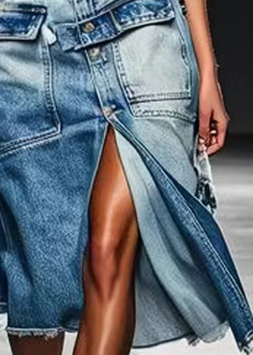Fabienne | Women's French Blue Button Pockets Front Open Denim Skirt Summer