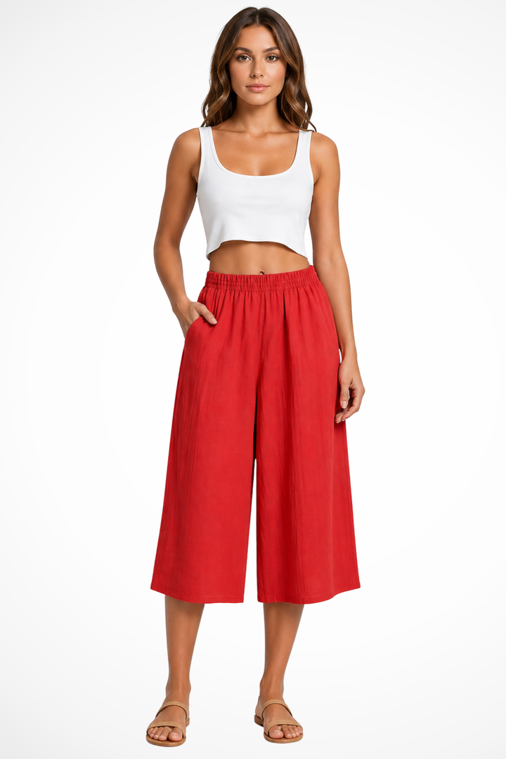 Wrenley | Women's High Waist Elasticated Wide Leg Cropped Trousers with Pockets