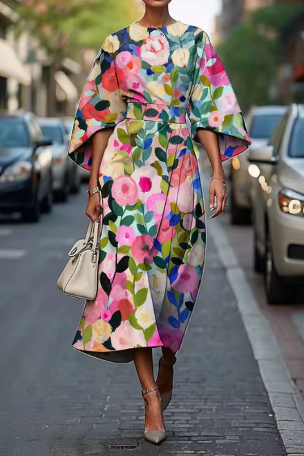Florentina | Women's Cocktail Floral Midi Dress with Round Neck and Short Sleeves - image 1