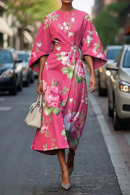 Florentina | Women's Cocktail Floral Midi Dress with Round Neck and Short Sleeves - image 3