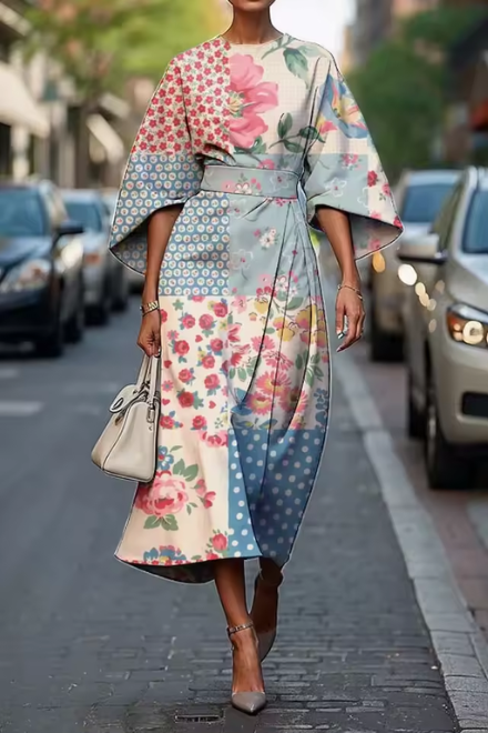 Florentina | Women's Cocktail Floral Midi Dress with Round Neck and Short Sleeves - image 2