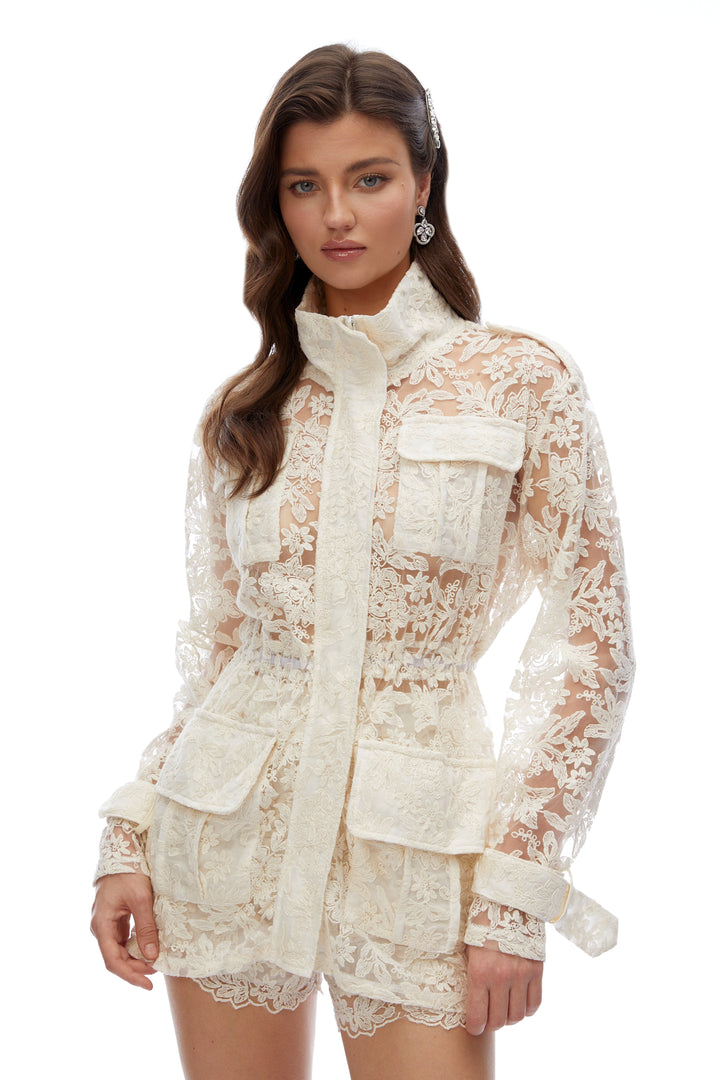 Xanthe | Women's Ivory Turtleneck Floral Jacket & Shorts Set
