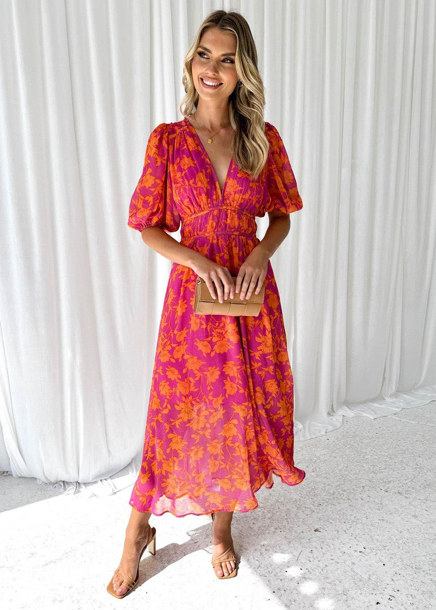Alethia | Women's Puff Sleeve Floral Midi Dress with V-Neck - image 1