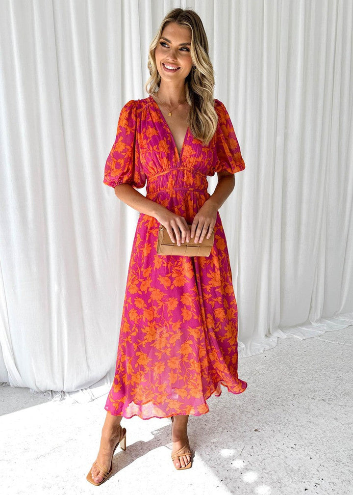 Alethia | Women's Puff Sleeve Floral Midi Dress with V-Neck - image 1