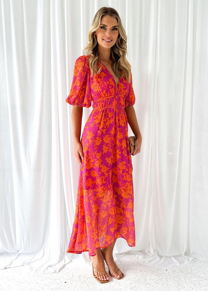 Alethia | Women's Puff Sleeve Floral Midi Dress with V-Neck - image 3