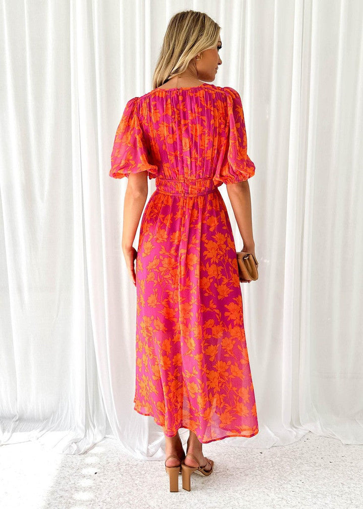 Alethia | Women's Puff Sleeve Floral Midi Dress with V-Neck - image 4