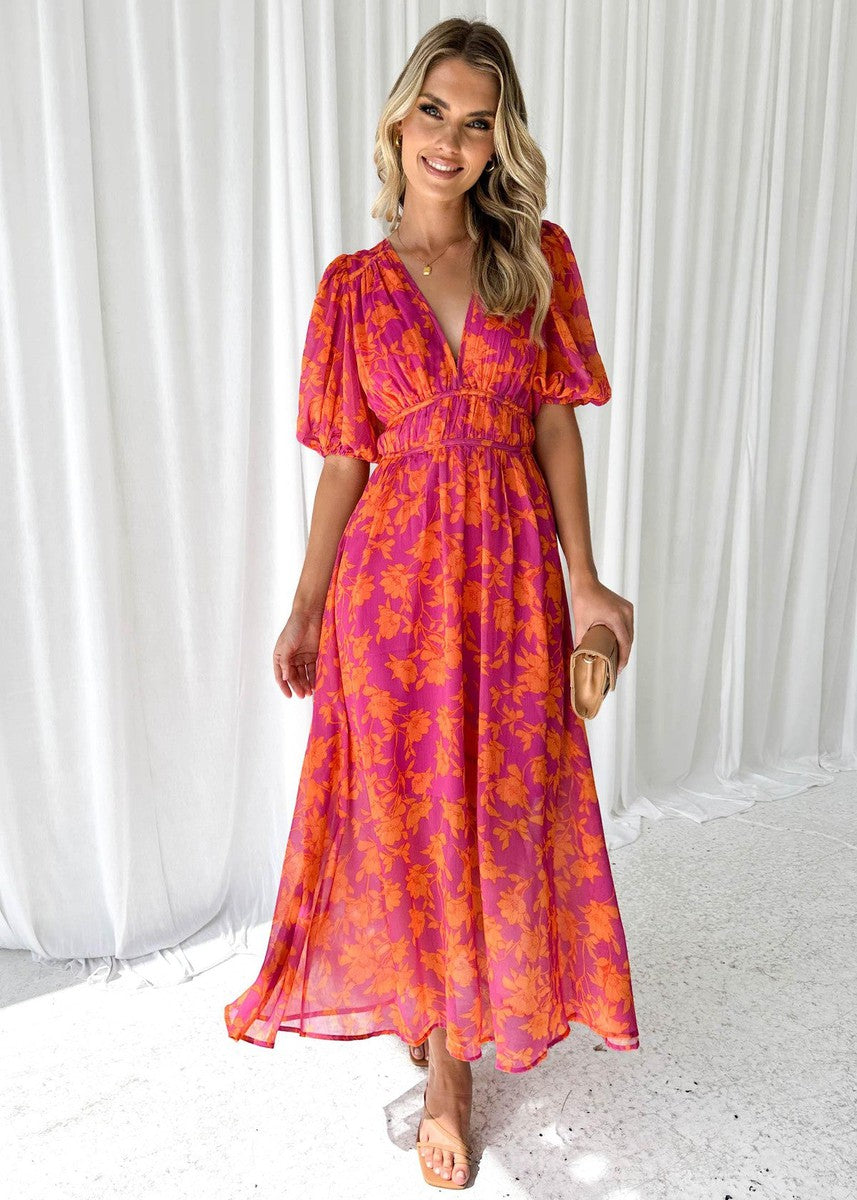 Alethia | Women's Puff Sleeve Floral Midi Dress with V-Neck - image 2