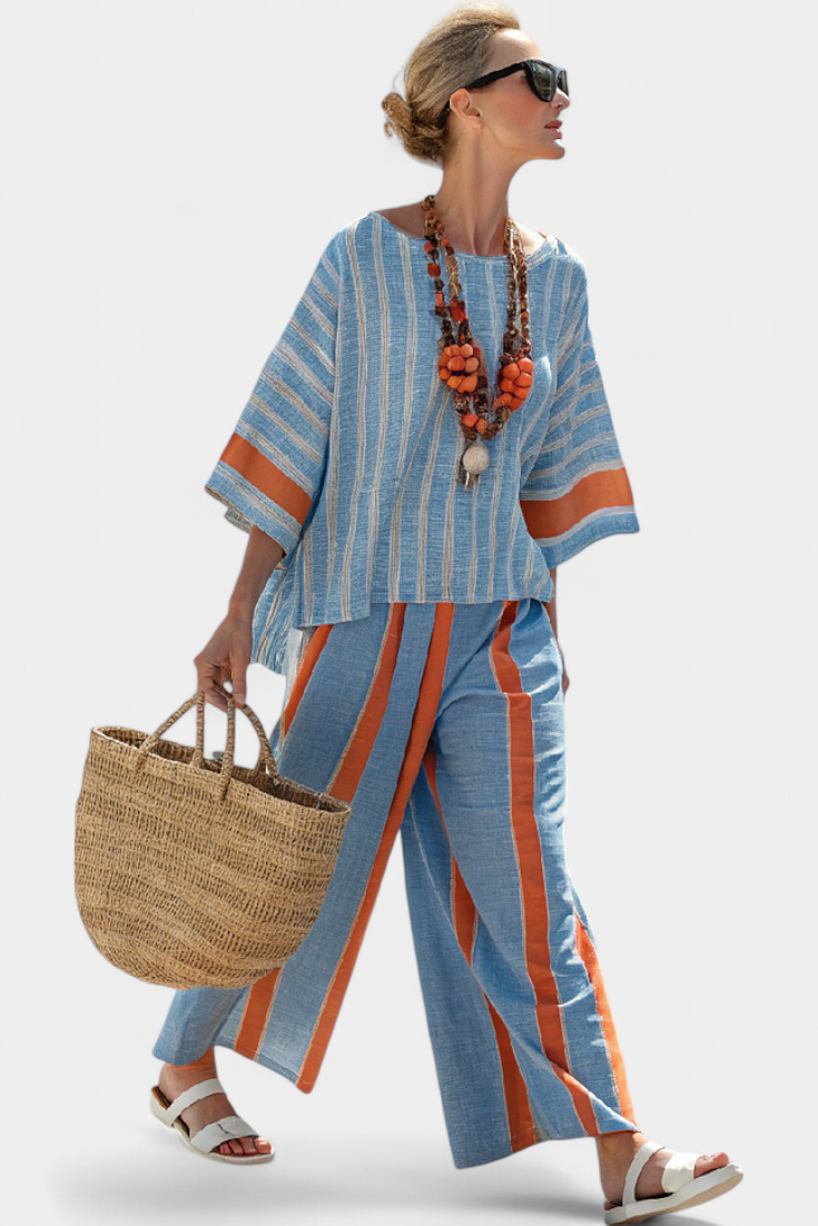 Valburga | Women's Terracotta Stripe Linen Set with Two-Piece, Oversized Fit and Stripes - image 4