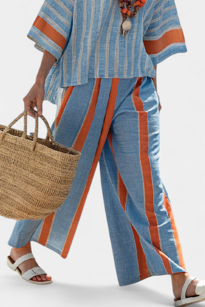 Valburga | Women's Terracotta Stripe Linen Set with Two-Piece, Oversized Fit and Stripes - image 3