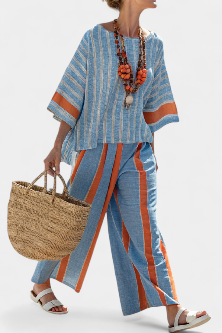 Valburga | Women's Terracotta Stripe Linen Set with Two-Piece, Oversized Fit and Stripes - image 1