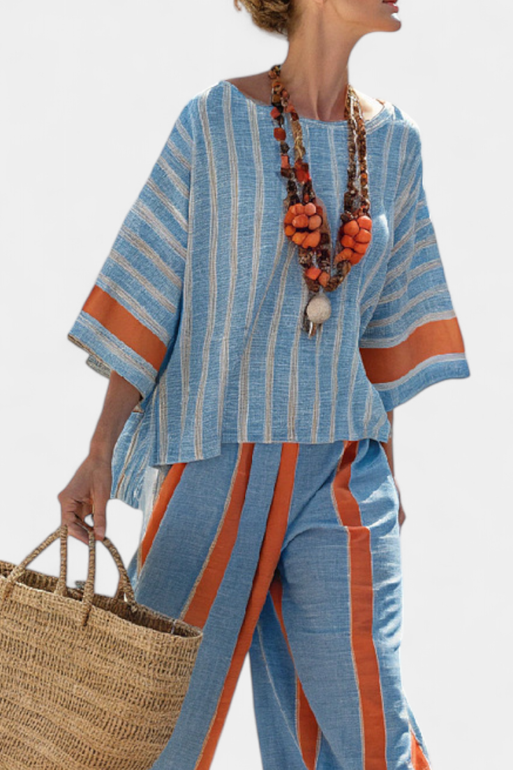 Valburga | Women's Terracotta Stripe Linen Set with Two-Piece, Oversized Fit and Stripes - image 2