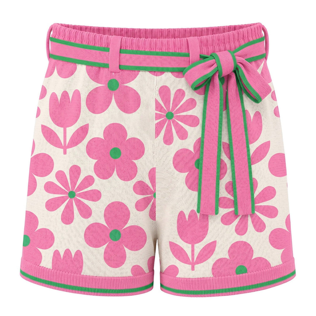 Leonora | Women's pink retro jacquard short pants - with detachable waistband