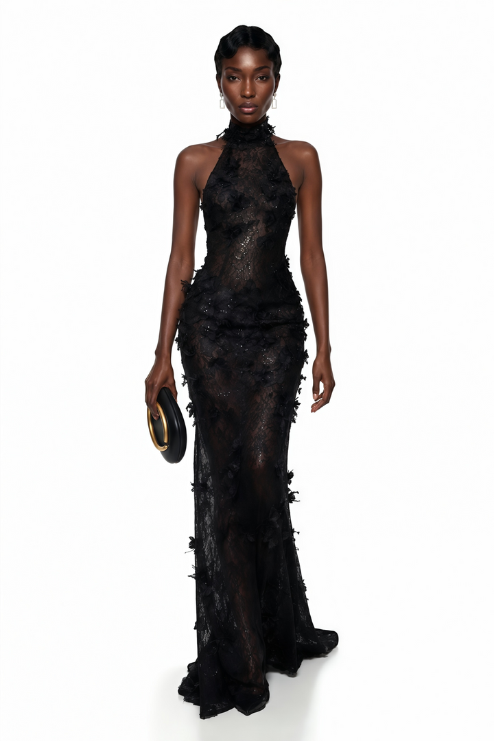 Millicent | Women's Olinda Black Floral Backless Maxi Dress (Final -US Only)