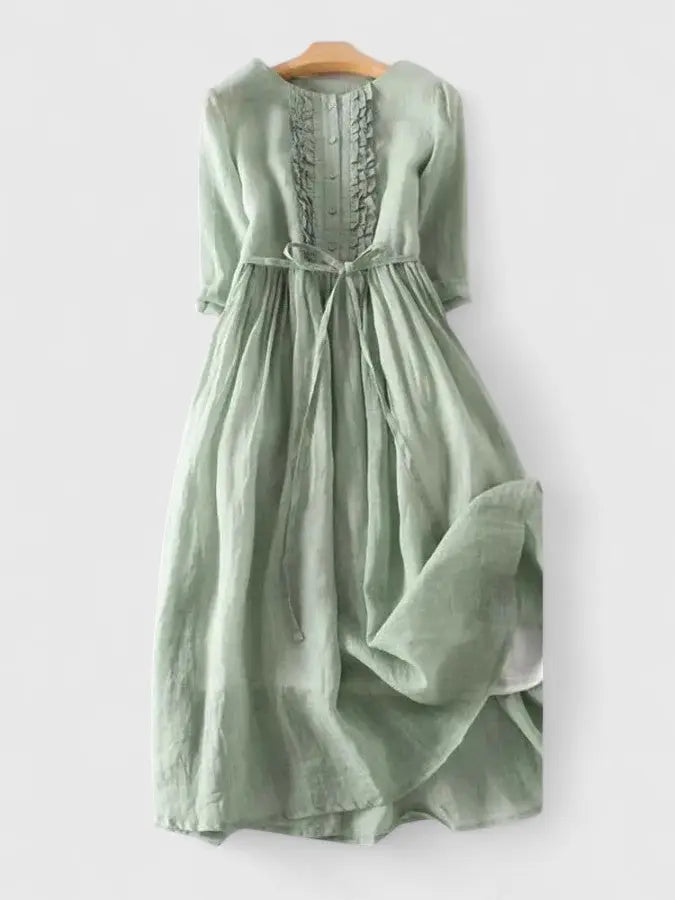 Calista | Women's Linen A-Line Midi Dress with Round Neck and Three-Quarter Sleeves - image 1
