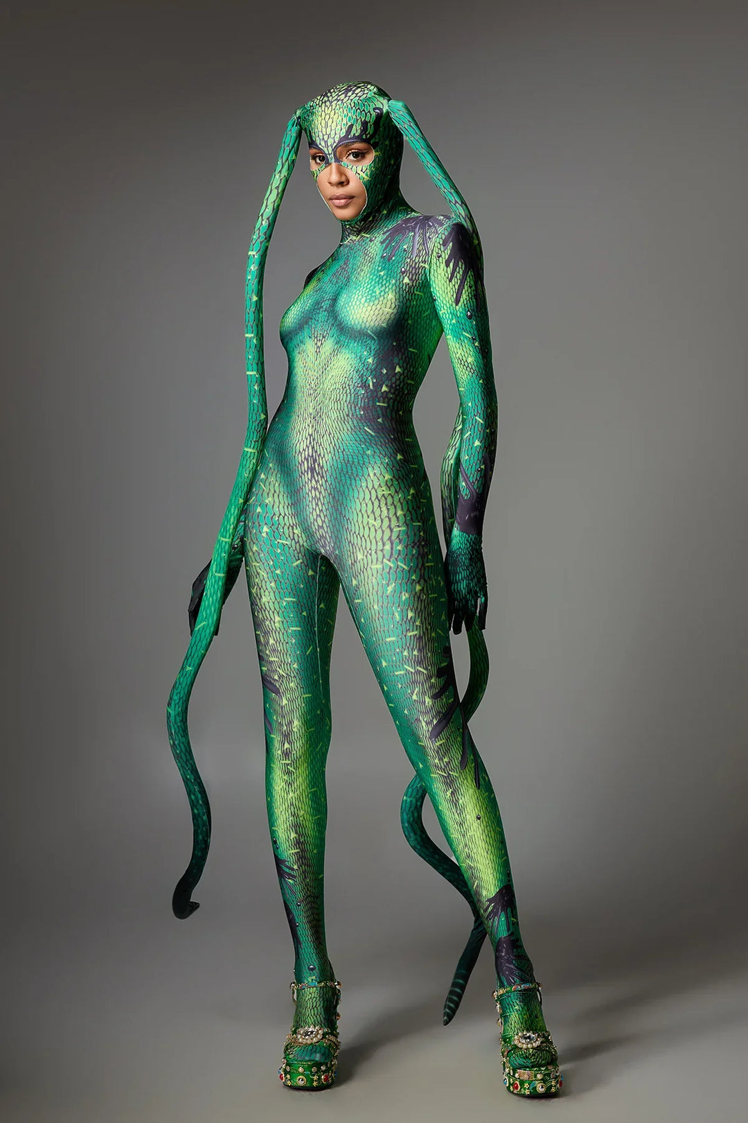 Hawise | Women's Lizard Print Jumpsuit with Attached Headpiece - image 4