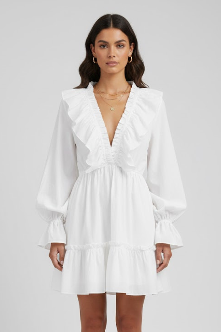 Lelia | Women's Mini Dress with V-Neck and Ruffle Trim