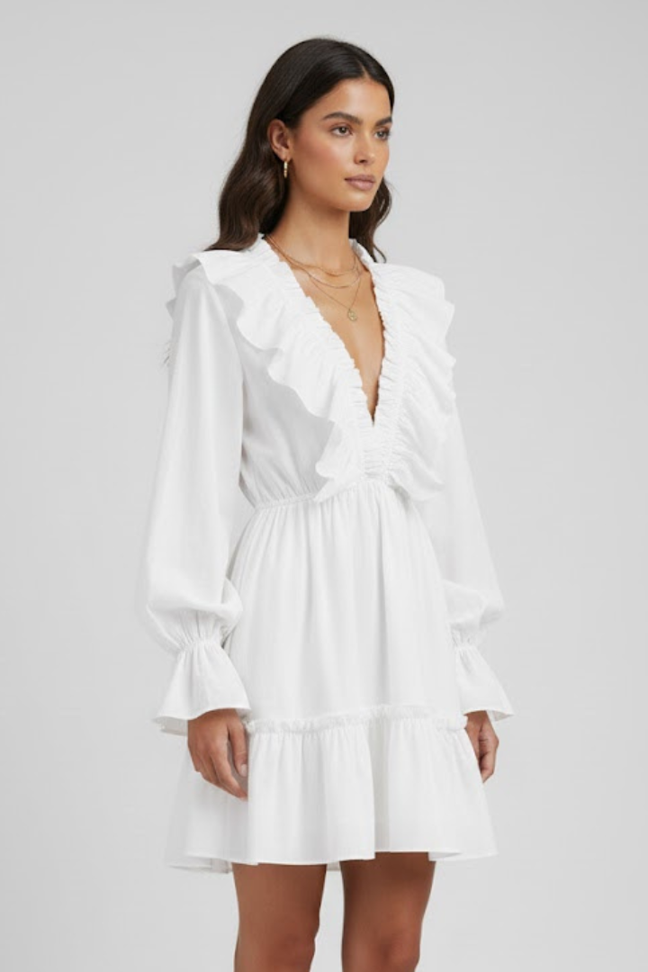 Lelia | Women's Mini Dress with V-Neck and Ruffle Trim